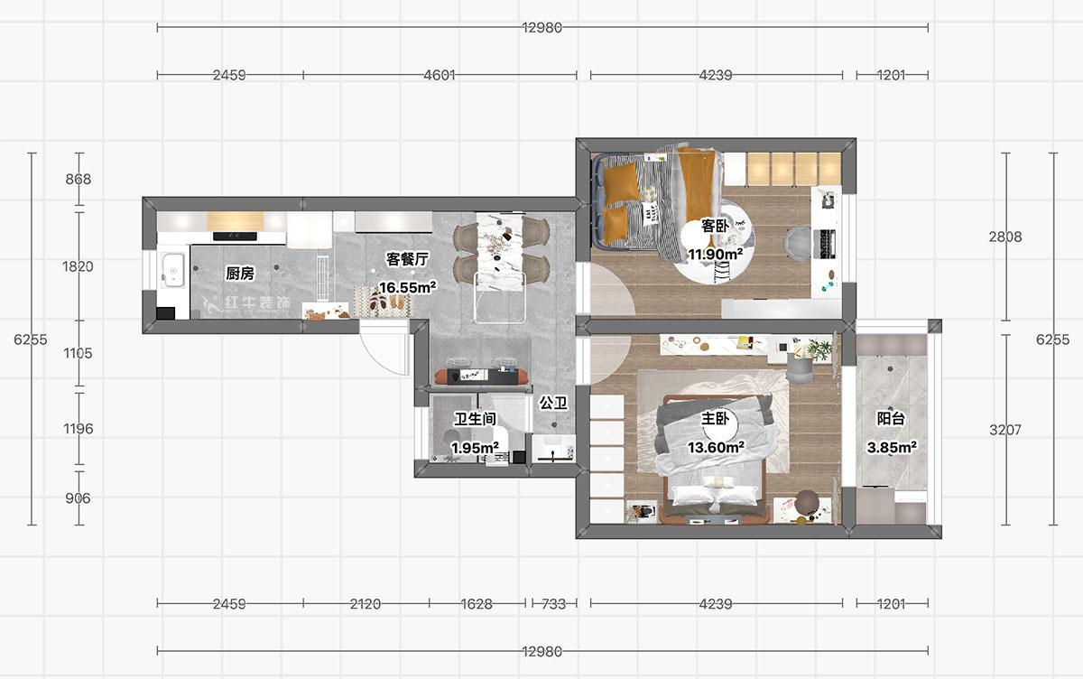 顾娟｜清凉山庄50号6-501-60㎡-现代风格｜2室2厅1卫｜旧房装修｜定制家｜全包11